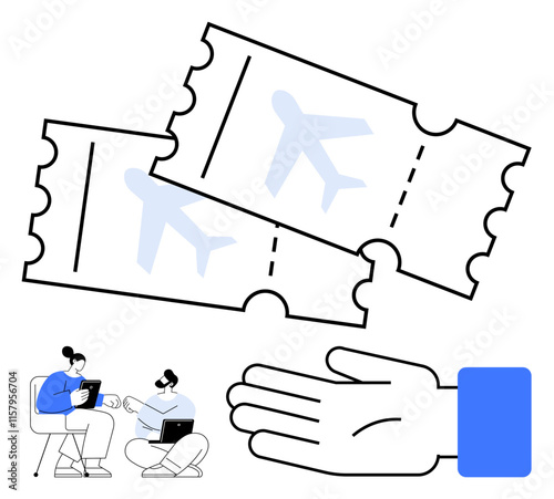 Airline tickets with airplane symbols, customer service interaction, hand support symbol. Ideal for travel agencies, customer support, online booking, air travel, ticketing services, customer