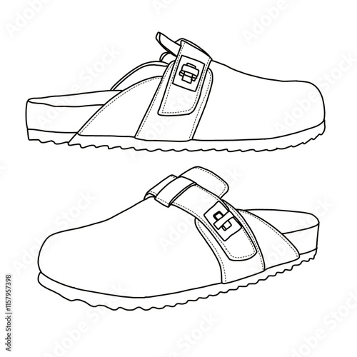 Women's Mules Cork Footbed Work Shoes with Arch Support Line art, Technical sketch hand drawing outline vector doodle side 3D Isometric view isolated on white background for coloring page