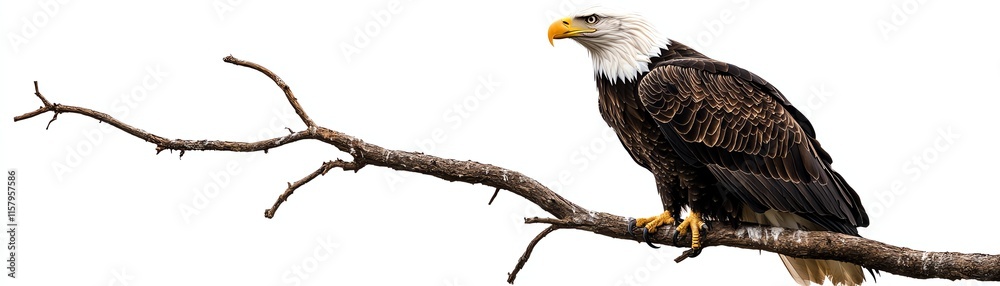 Bald eagle perched on a branch, white isolated background Bald eagle perched on a branch, white isolated background