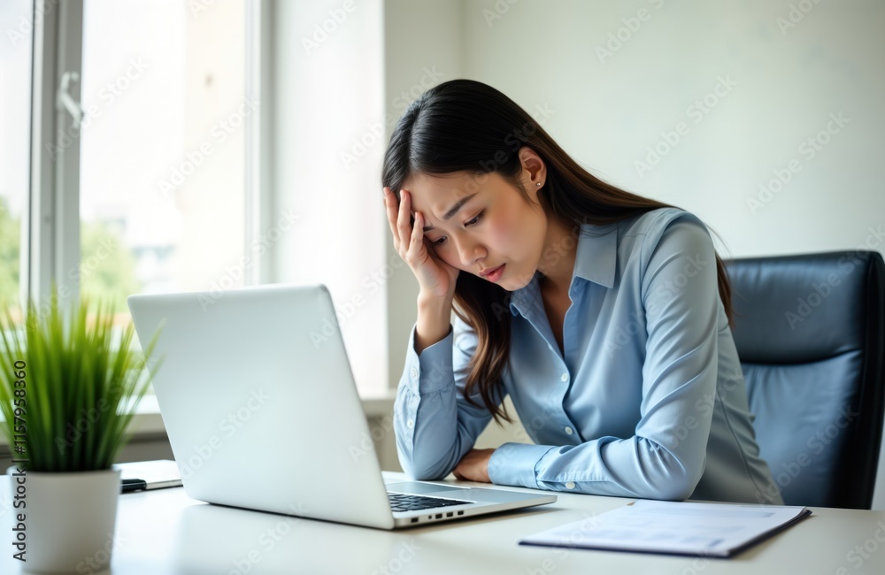 Stressed young Asian businesswoman sits at office desk in front of laptop. Looks concerned, tired working. Office environment with natural light. Businesswoman tense expression, appears to Stressed young Asian businesswoman sits at office desk in front of laptop. Looks concerned, tired working. Office environment with natural light. Businesswoman tense expression, appears to