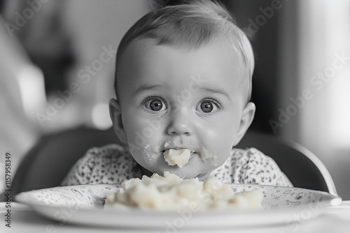 Curious baby enjoying mashed potatoes during mealtime at home in a cozy kitchen photo