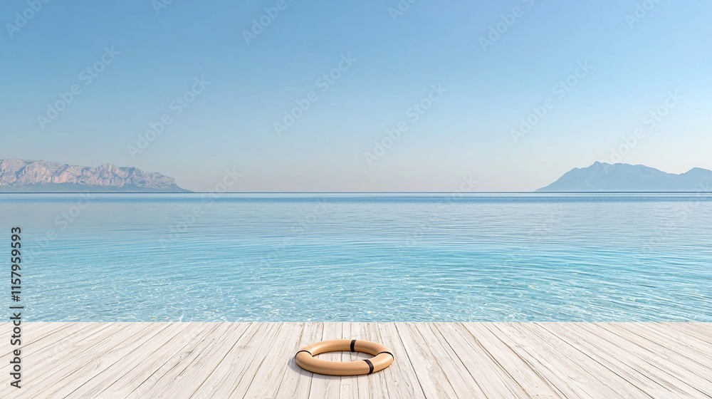 Obraz premium Life preserver on wooden dock overlooking calm sea and mountains.