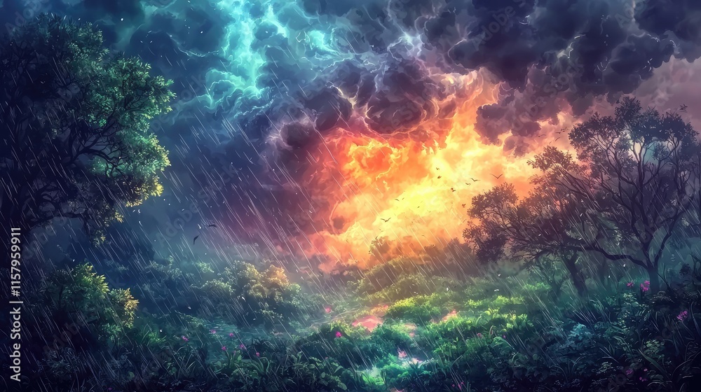 Fototapeta premium A Stormy Forest Landscape with Rain and Lightning