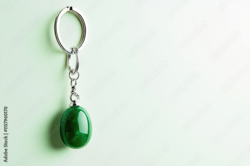 Green gemstone keychain with silver rings, elegant and simple design.