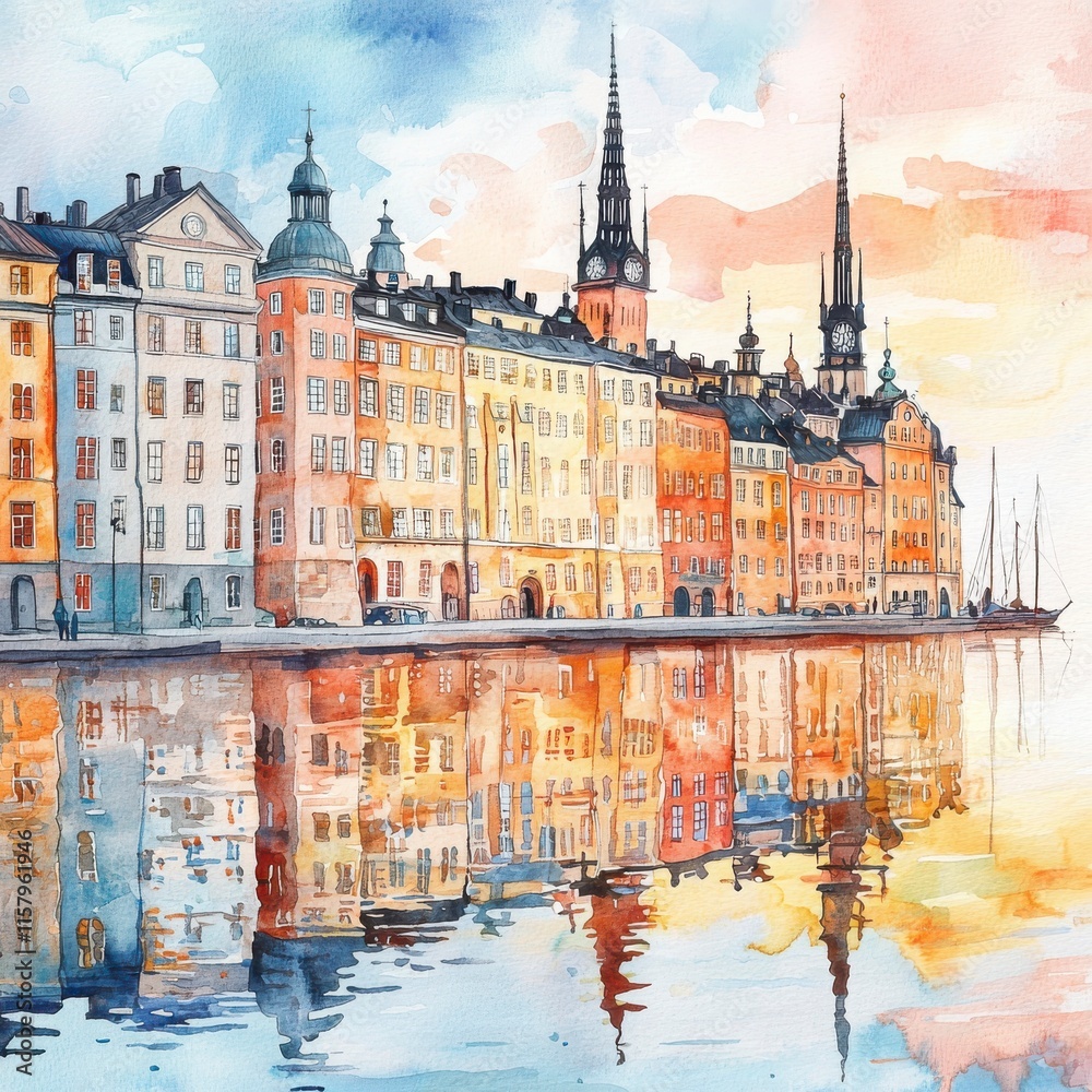 Fototapeta premium Colorful Waterfront Buildings Reflected on Calm Water in Cityscape