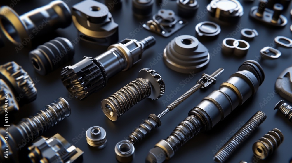 A Diverse Collection of Precision Mechanical Components and Parts for Industry and Engineering Applications, Featuring Various Textures and Finishes in Close-Up View A Diverse Collection of Precision Mechanical Components and Parts for Industry and Engineering Applications, Featuring Various Textures and Finishes in Close-Up View
