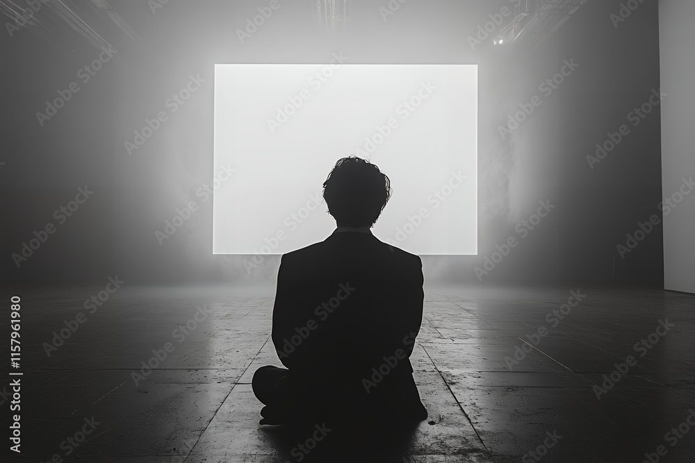 Individual seated in contemplation before a blank projection screen in a dimly lit art space Individual seated in contemplation before a blank projection screen in a dimly lit art space
