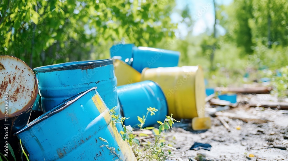 Abandoned blue and yellow barrels in a natural setting. Abandoned blue and yellow barrels in a natural setting.