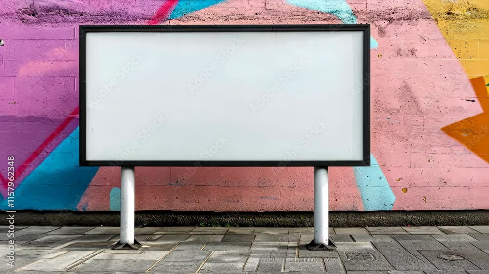 Creative mockup featuring a blank white board on a colorful graffiti wall with pink, purple, and yellow streaks.