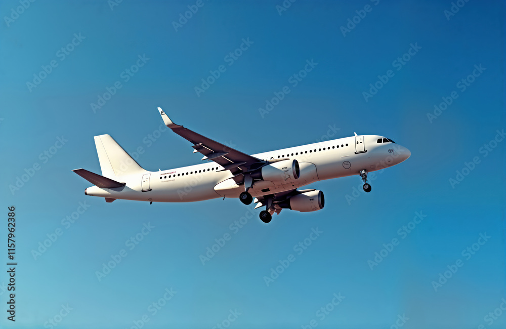 White a320 neo jet aircraft glides through clear blue sky. Modern passenger plane in process of landing. Aircraft nearing ground. Safe, smooth landing evident. Bright daytime shot shows high quality White a320 neo jet aircraft glides through clear blue sky. Modern passenger plane in process of landing. Aircraft nearing ground. Safe, smooth landing evident. Bright daytime shot shows high quality
