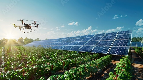 A modern farm with rows of crops under solar panels and a drone flying overhead, set against a backdrop of trees and a bright, sunny sky.