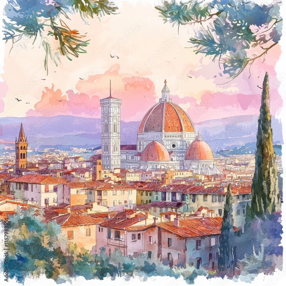 Obraz premium Beautiful Watercolor View of Florence with Historic Architecture