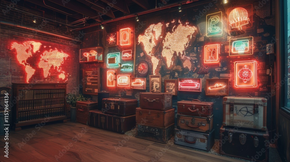 Craft a neon display of travel object symbols, featuring illuminated Craft a neon display of travel object symbols, featuring illuminated