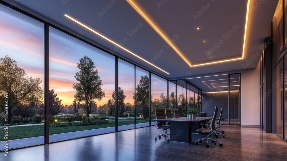 Fototapeta premium Modern Office with Sunset View: Serene Workspace Design