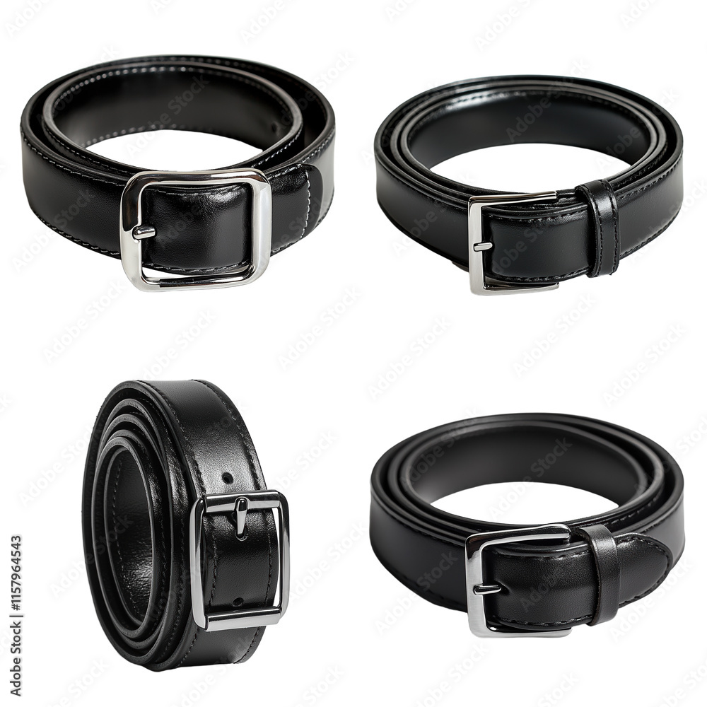 Black Leather Belts with Silver Buckles on White Background Black Leather Belts with Silver Buckles on White Background