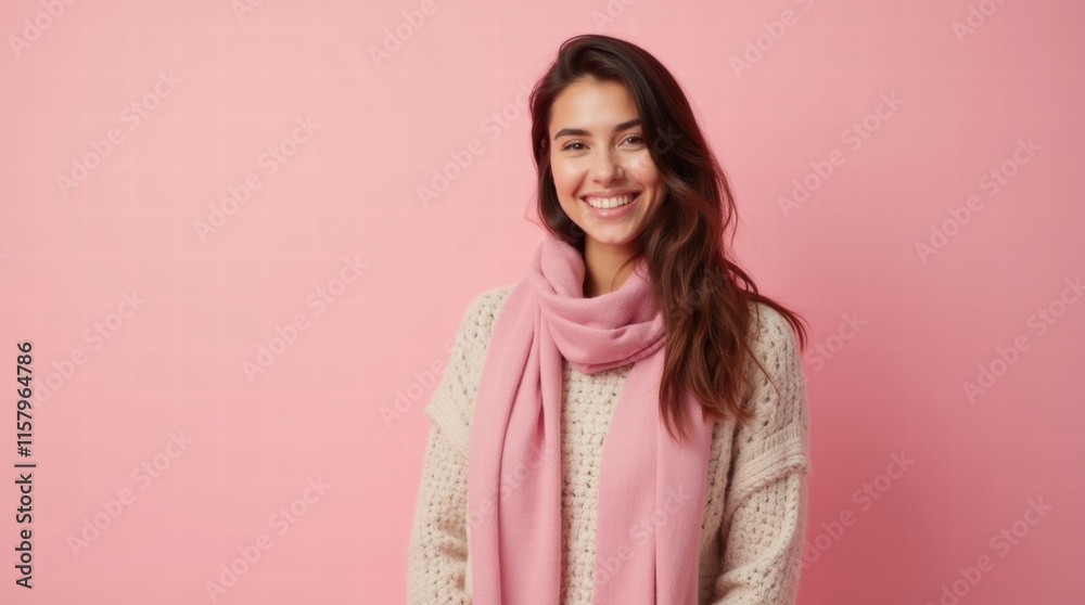 A smiling woman wearing pink scarf symbolizing strength and resilience in cancer, standing confidently against a solid background A smiling woman wearing pink scarf symbolizing strength and resilience in cancer, standing confidently against a solid background