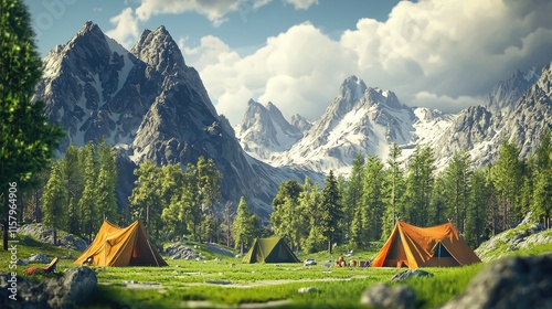 Wallpaper Mural Mountainous Landscape with Camping Tents Torontodigital.ca