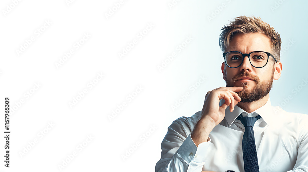 Professional man in glasses contemplating options with thoughtful expression Professional man in glasses contemplating options with thoughtful expression