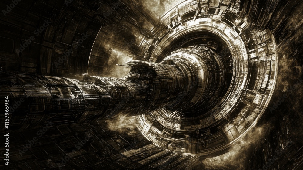 Enigmatic Sci-Fi Interstellar Structure with Complex Geometric Designs Surrounded by Cosmic Elements and Dark Energy in a Futuristic Universe