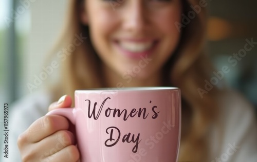 Woman smiling Holding Coffee Cup wittering Women's Day in elegant lettering photo