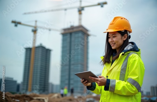 Asian female engineer working on large building site in Thailand. Wears safety helmet, bright yellow jacket. Using tablet computer, likely reviewing construction plans communicating with colleagues. photo