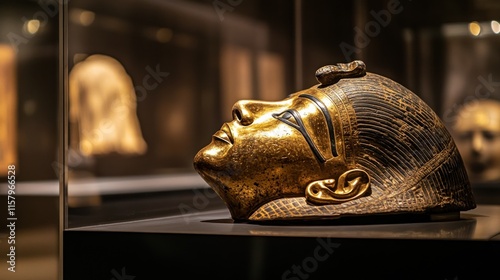 Golden funerary mask, ancient artifact, museum display.