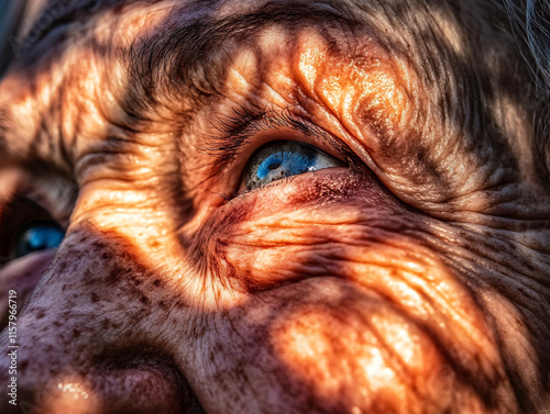 close-up of elderly asian woman's face with deep wrinkles, aging gracefully, secrets of longevity, centenarians, long life, wisdom and experience