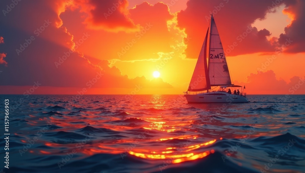 Fototapeta premium Serene ocean sunset, sailboat silhouette, sunburst effect , ocean, serenity