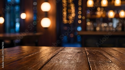 mage of wooden table in front of abstract blurred restaurant lights background