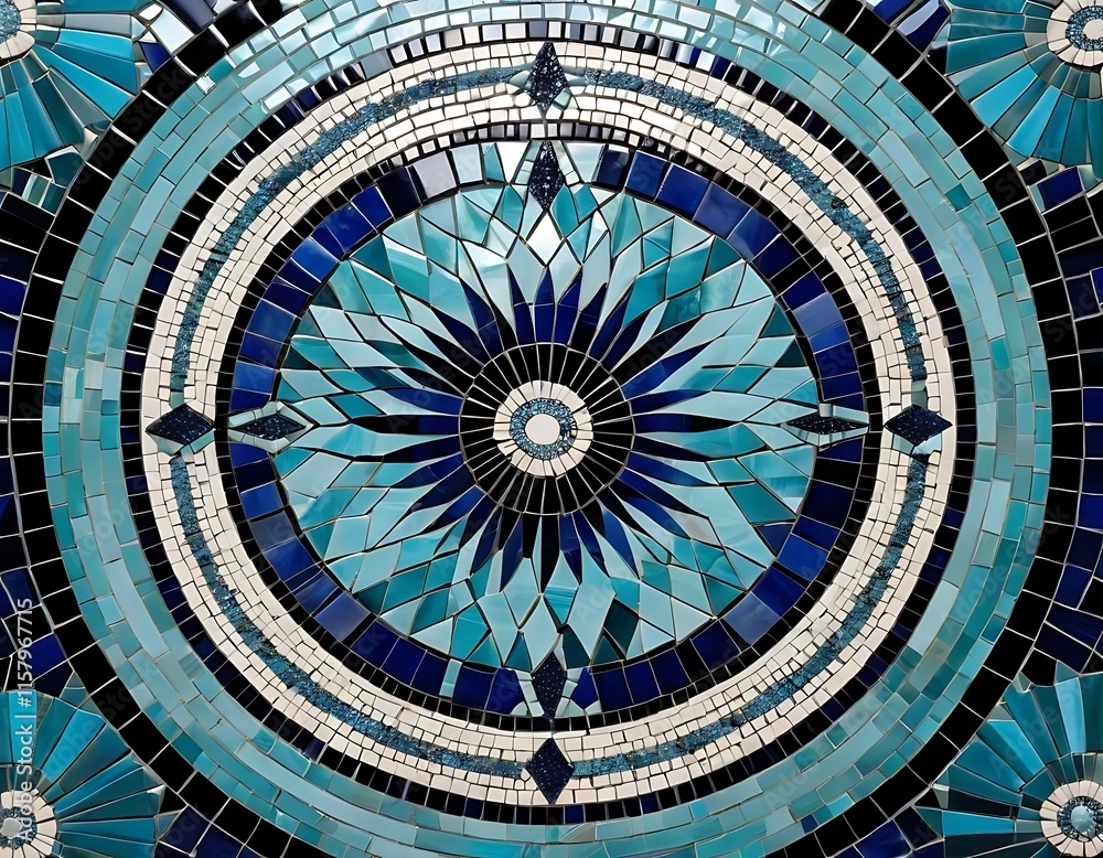 Obraz premium Circular Mosaic Tile Art in Blues and Whites
