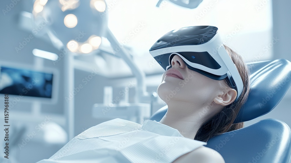 A patient comfortably lying in a dental chair with virtual reality goggles on A patient comfortably lying in a dental chair with virtual reality goggles on