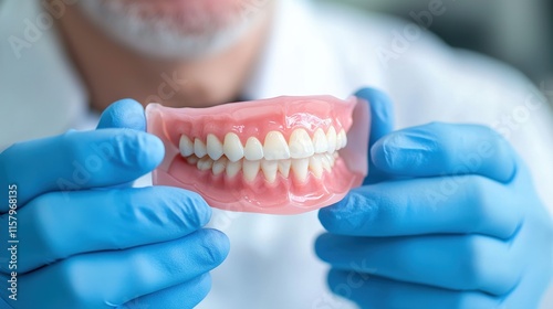 A smiling elderly patient showing newly installed dentures with natural finish