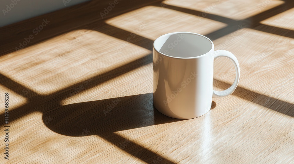 A simple white mug on a wooden surface with soft shadows cast behind it A simple white mug on a wooden surface with soft shadows cast behind it