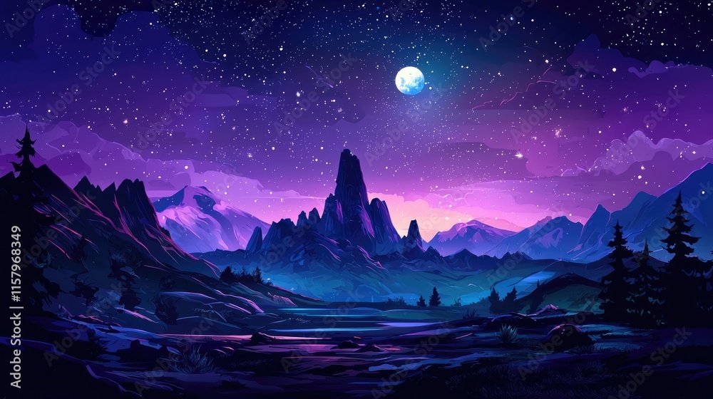 Fototapeta premium Nighttime Mountain Landscape with Moon and Stars