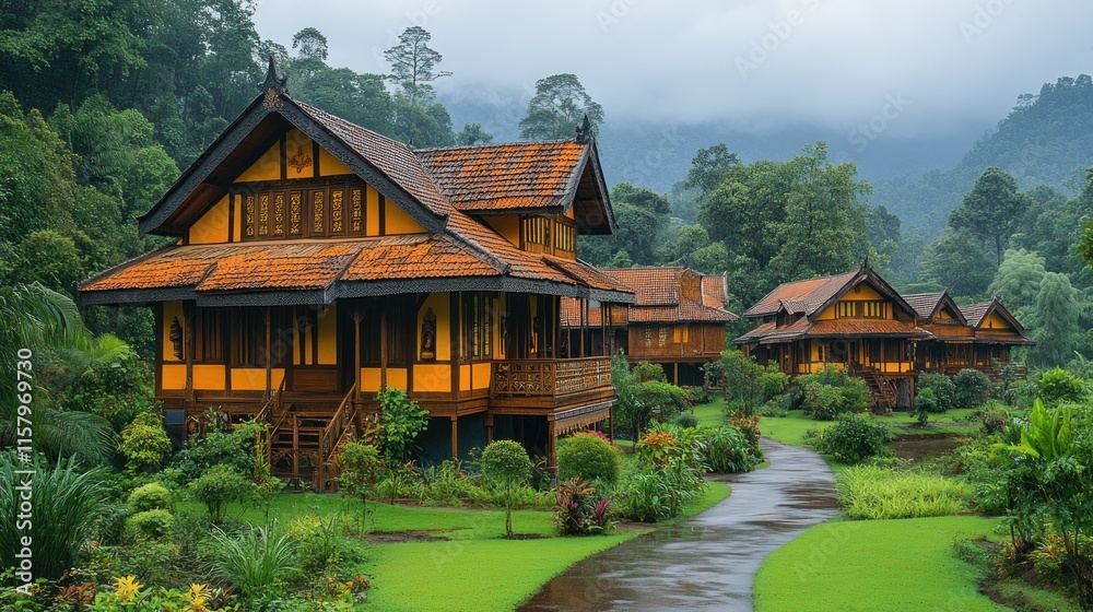 Wooden houses in lush green landscape, rain. Wooden houses in lush green landscape, rain.