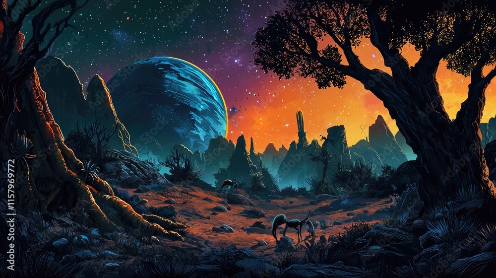 A Distant Planet with Silhouetted Trees, a Blue Orb, and a Starry Sky A Distant Planet with Silhouetted Trees, a Blue Orb, and a Starry Sky