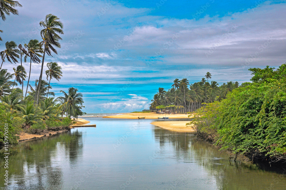 Fototapeta premium Dunas de Marape. It is considered one of the ten most beautiful beaches in Brazil, surrounded by mangroves, with white sands meeting dark waters from the Jequia Lagoon and River. Alagoas, Brazil, 2016