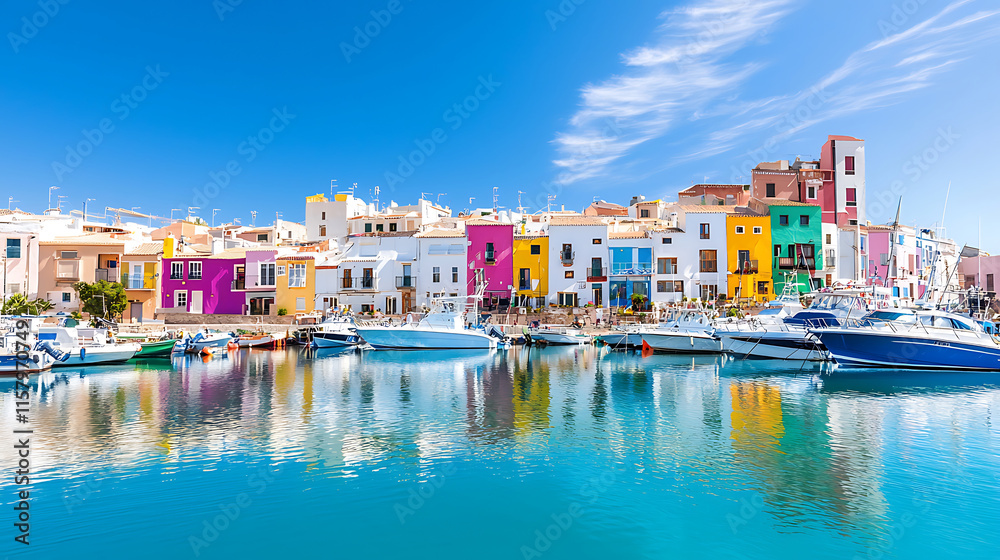 Colorful harbor scene with boats and vibrant buildings reflecting in water