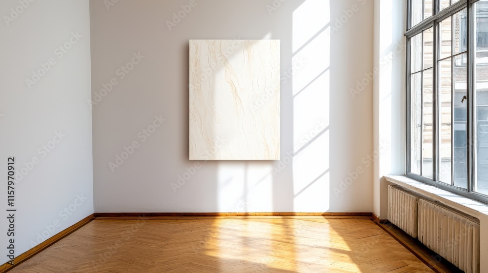 A blank canvas hanging on a white wall with wooden flooring below A blank canvas hanging on a white wall with wooden flooring below