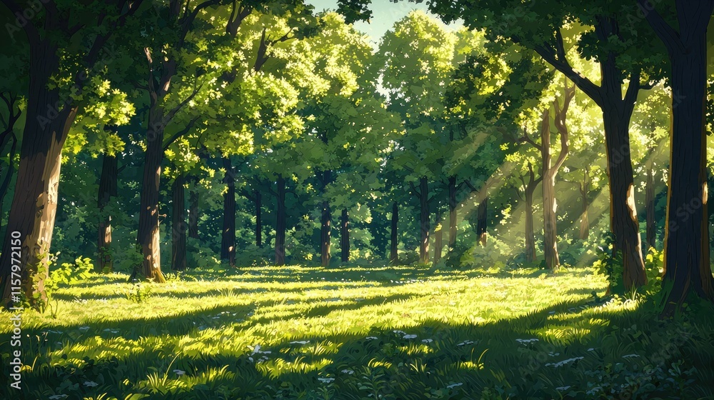 Naklejka premium Sunlight Streaming Through Lush Green Forest