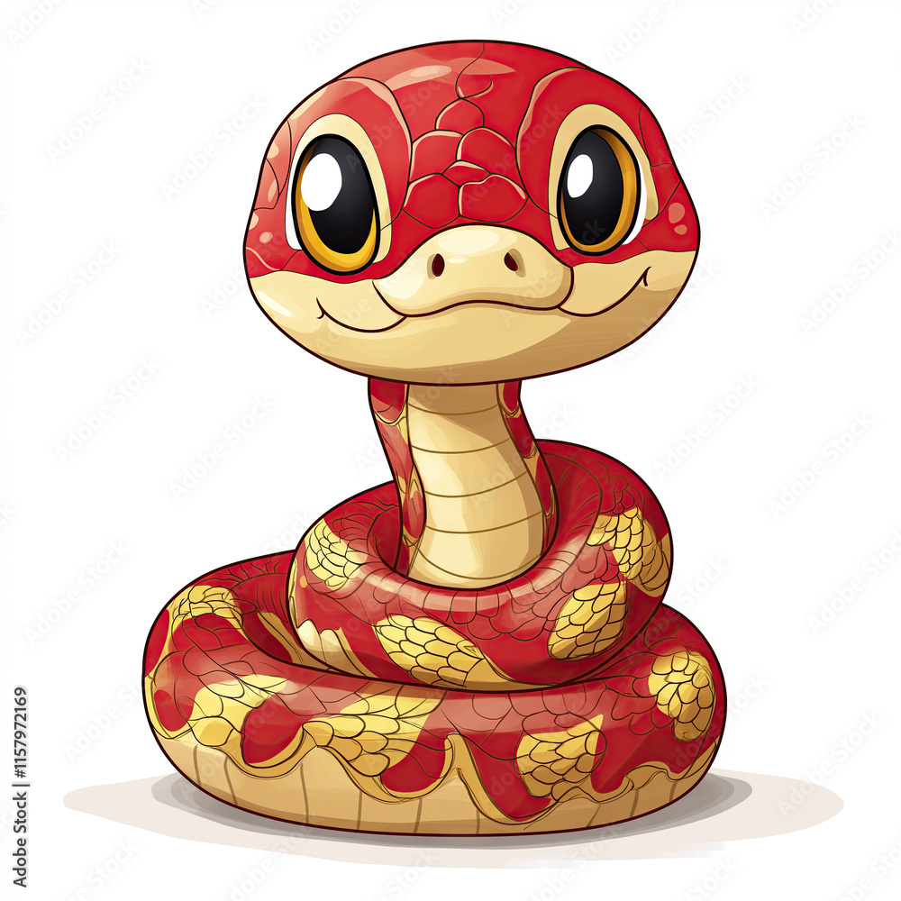Generative Ai PNG of Cute Coiled Red and Gold Snake Character Isolated on White With Clipping Path Cutout for Chinese Zodiac Illustrations, Lunar New Year Mascots, and Children's Holiday Characters