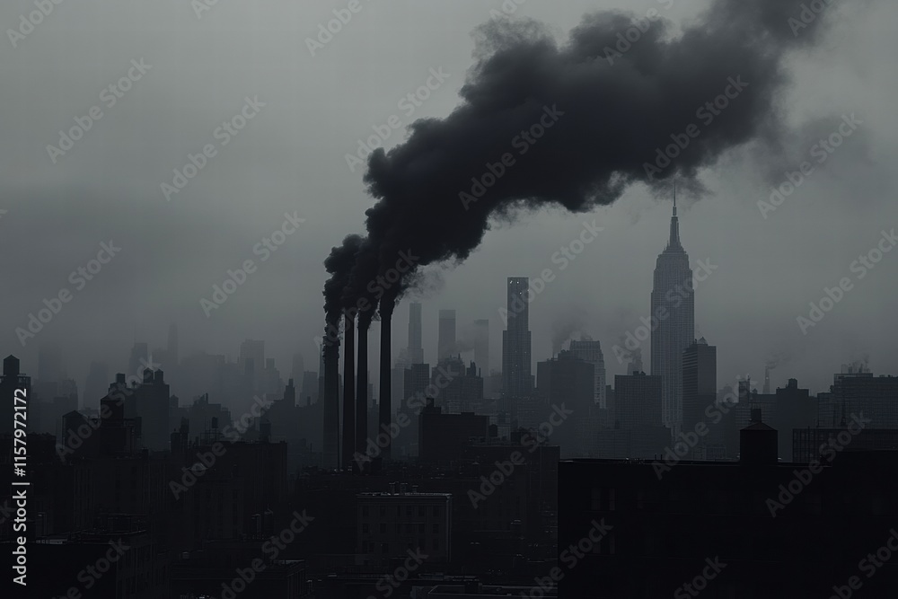 Obraz premium Thick black smoke rises from industrial chimneys against an overcast sky in an urban landscape during the day. Generative AI