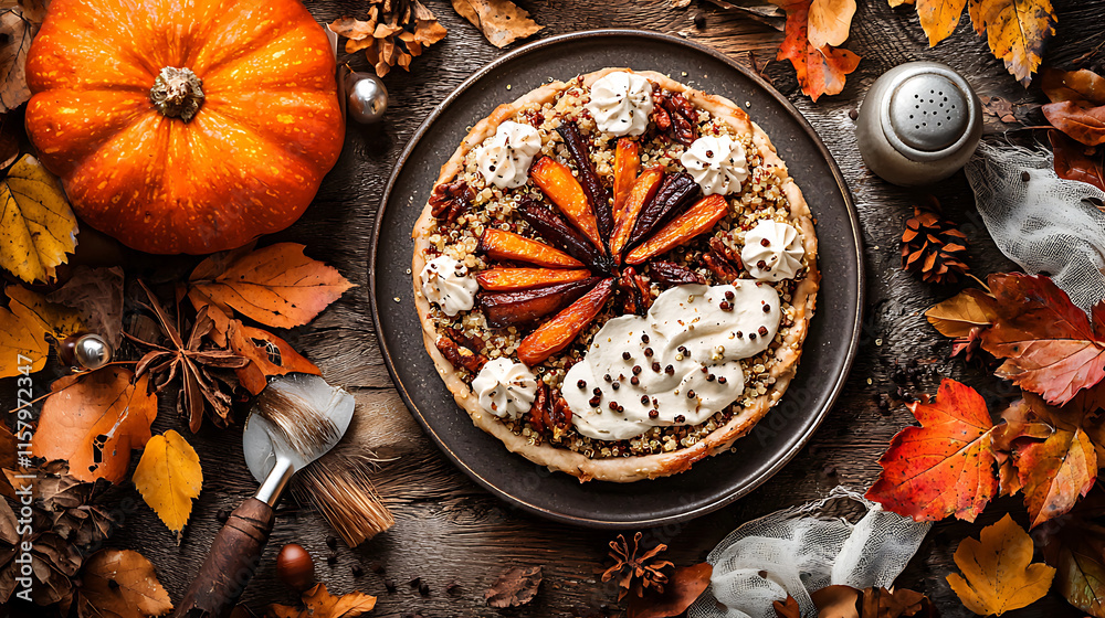Delicious pumpkin pie with whipped cream, nuts, and autumn leaves Delicious pumpkin pie with whipped cream, nuts, and autumn leaves