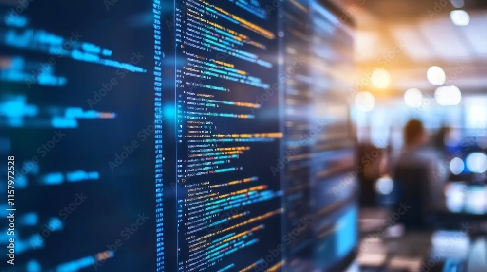 Abstract Digital Code Display with Colorful Lines and Glowing Effects in a Modern Tech Environment for Software Development and Data Analysis Abstract Digital Code Display with Colorful Lines and Glowing Effects in a Modern Tech Environment for Software Development and Data Analysis