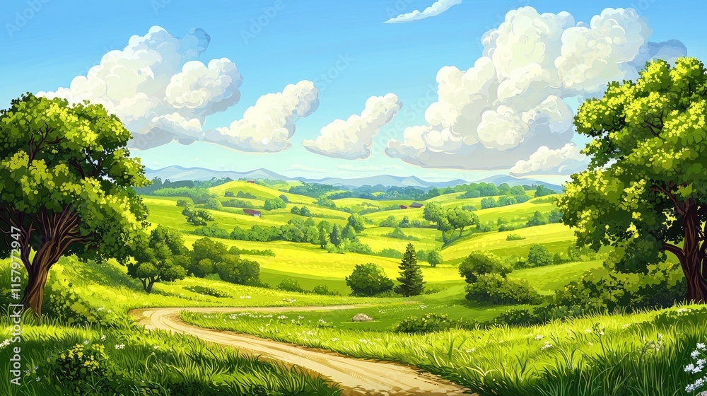 Fototapeta premium A Winding Dirt Road Through Lush Green Rolling Hills Under a Blue Sky with Fluffy White Clouds