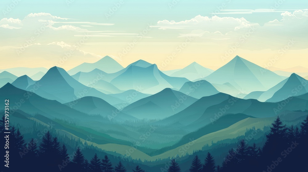 A Tranquil Mountain Landscape with a Foggy Sky and Silhouetted Trees A Tranquil Mountain Landscape with a Foggy Sky and Silhouetted Trees