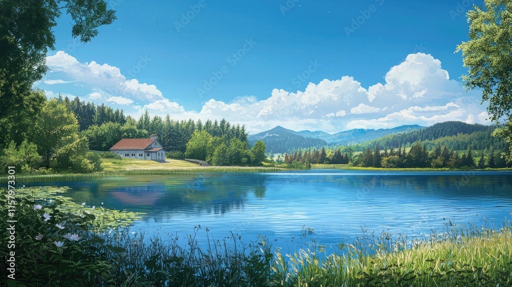 Fototapeta premium A Serene Lakeside Cottage nestled among lush greenery and blue skies.
