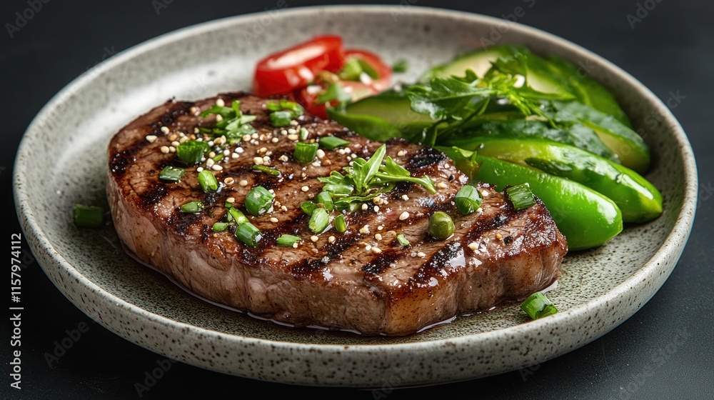 Grilled steak with vegetables on a plate. Grilled steak with vegetables on a plate.