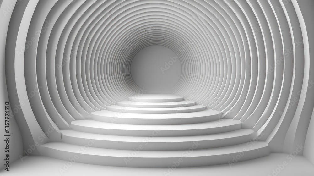 A minimalist white tunnel with steps leading to a circular opening. A minimalist white tunnel with steps leading to a circular opening.