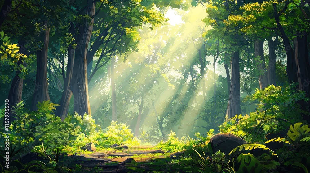 Obraz premium Sunbeams Shining Through a Lush Green Forest